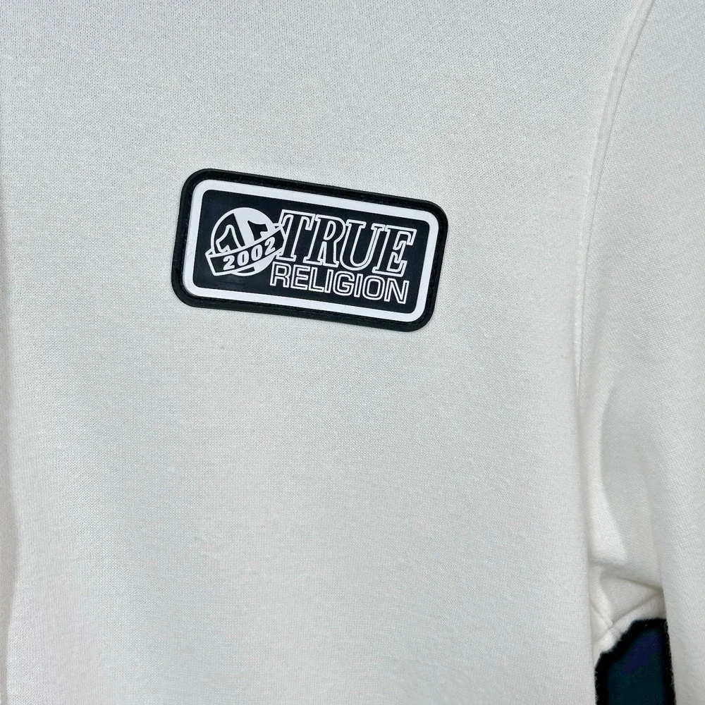True Religion Mens Full Zip Hoodie Size XL Winter White Branded Tape Across Back